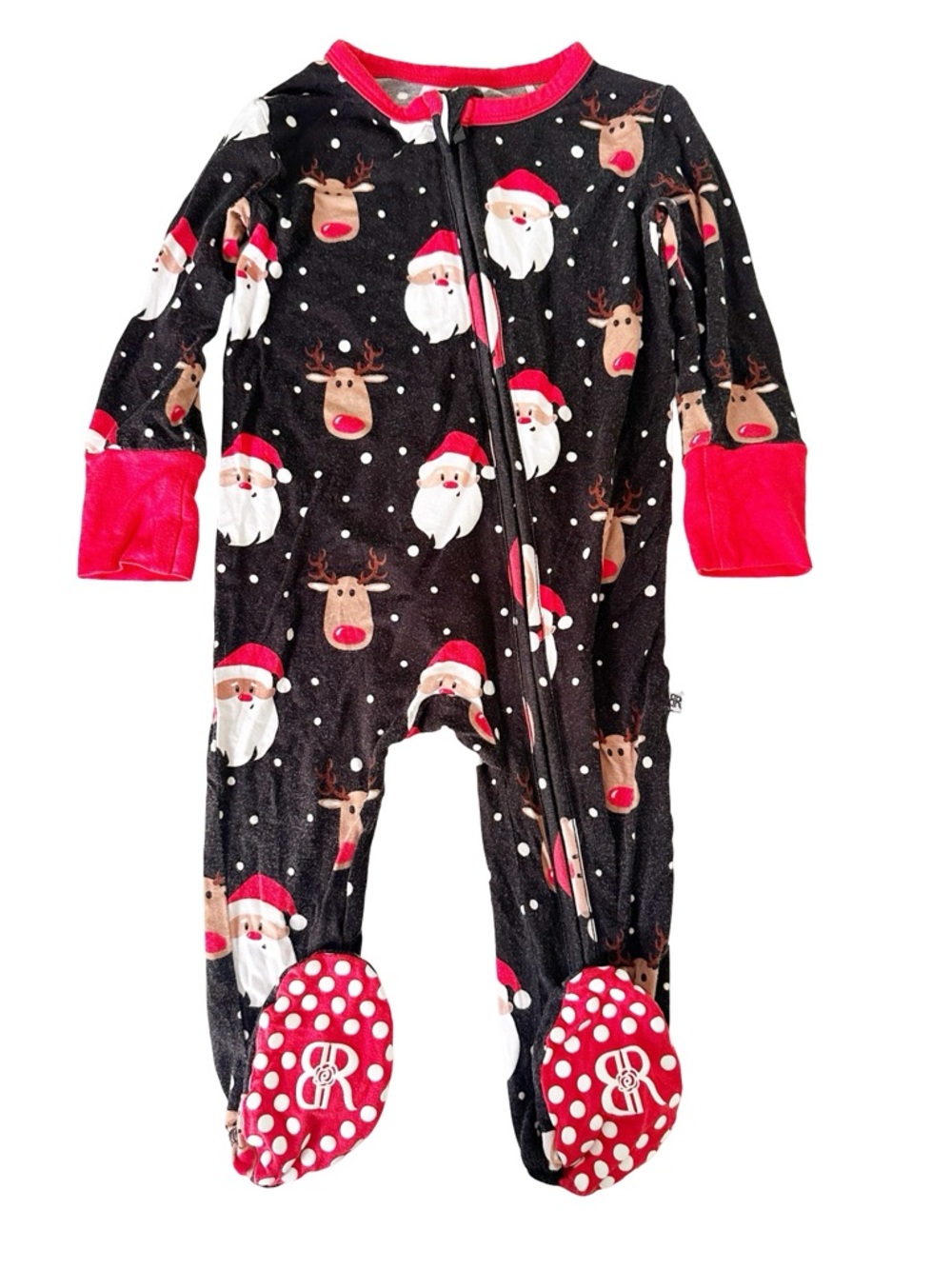 Bums & Roses Santa Reindeer Footie Bamboo Pajamas Red Black 9-12M